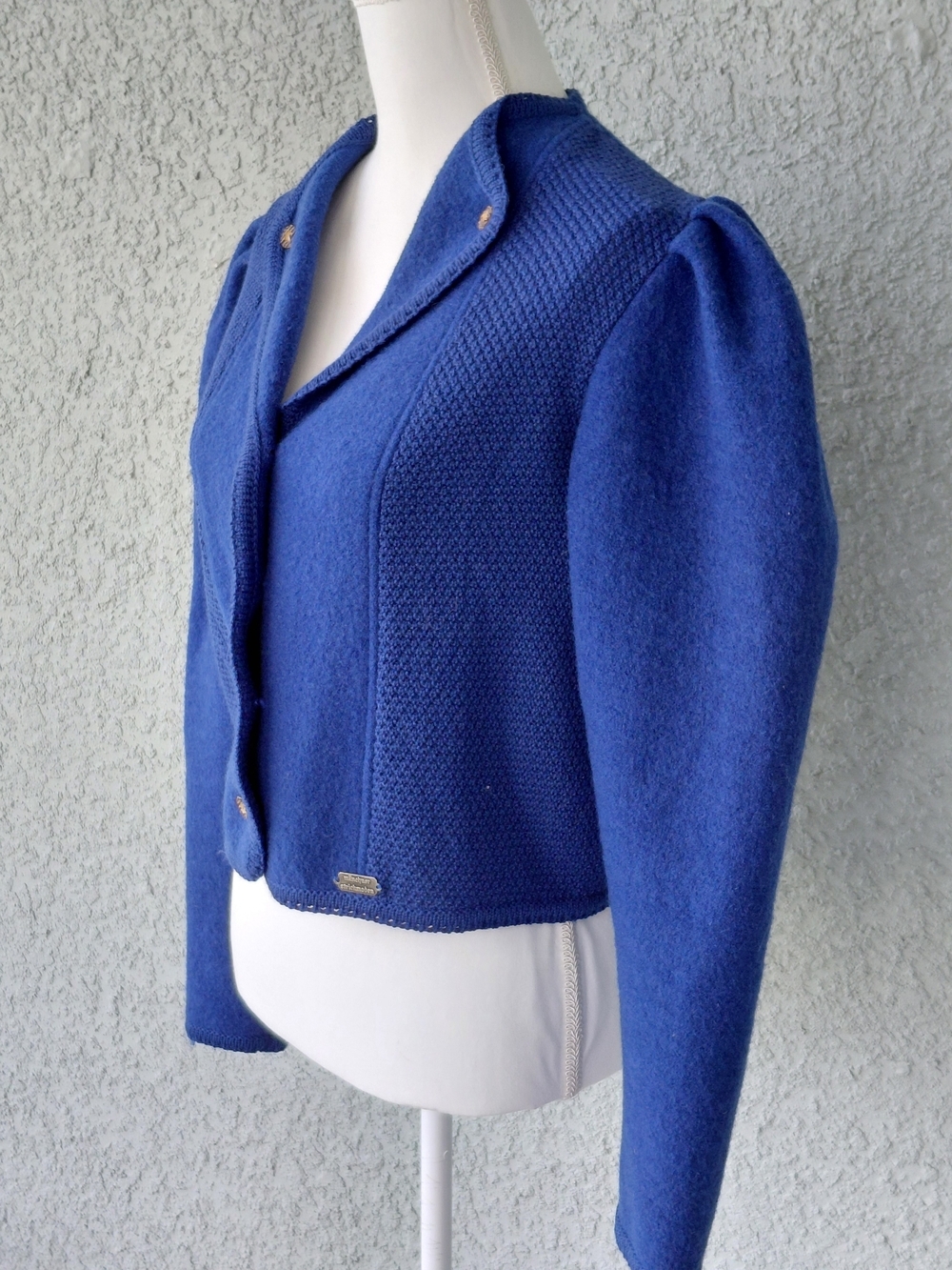 Vintage Münchner Strickmoden Blue Wool Blend Cropped Cardigan Jacket EU 42